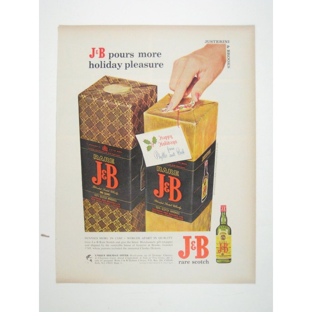 Vintage 1960s JB Rare Scotch Whisky Holiday Christmas Print Ad Justerini Brooks